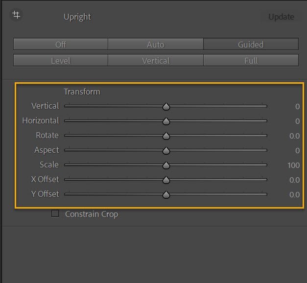 The Lightroom Transform panel