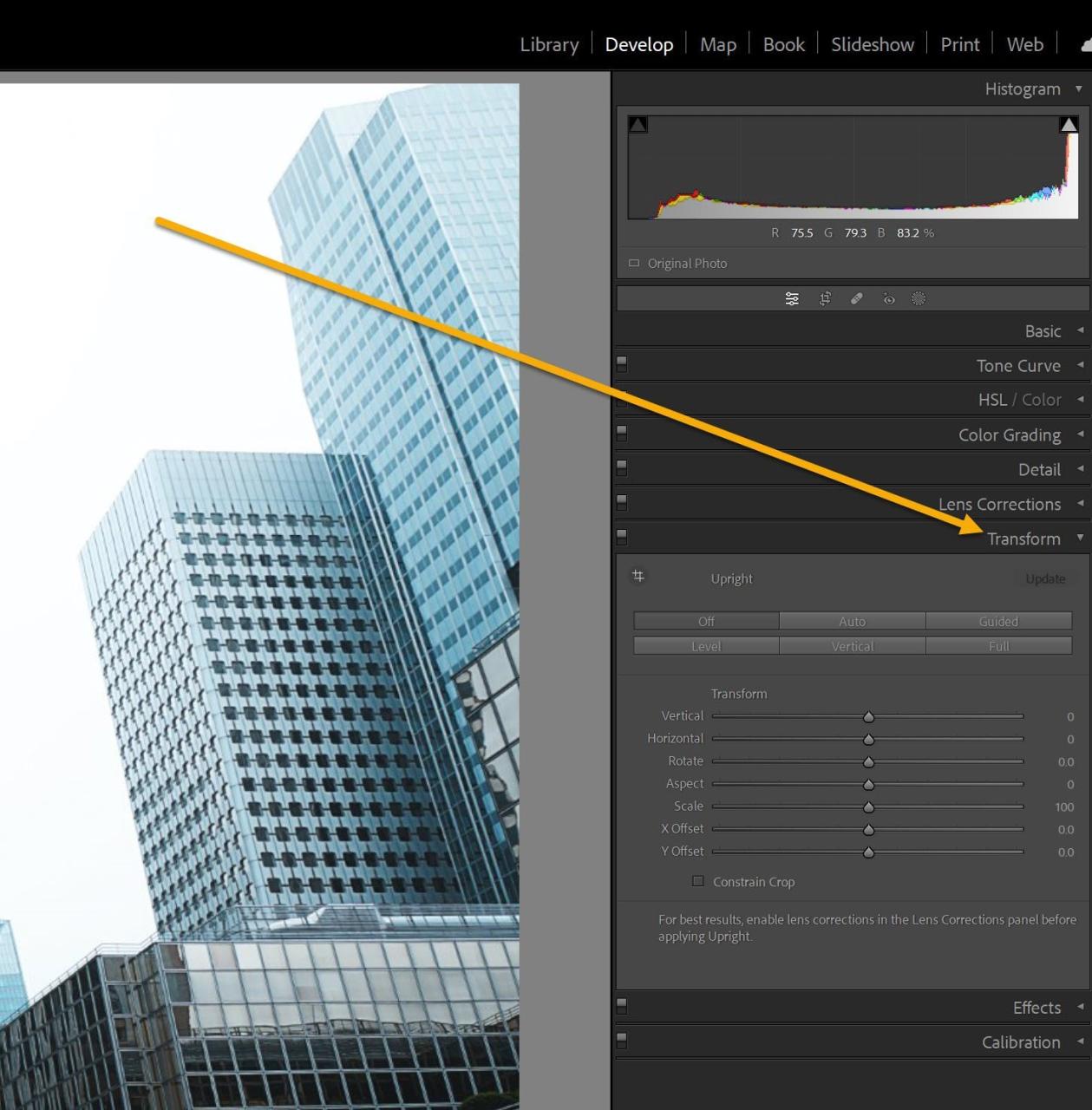 The Lightroom Transform panel